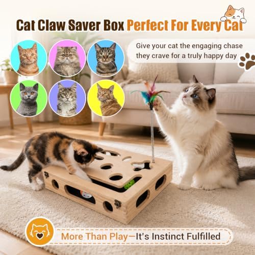 Cat Scratch Puzzle Enrichment Box, Wooden Interactive Toy for Indoor Cat