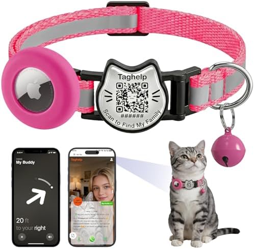 Cat Collar with AirTag Holder, QR Code Tag and Bell (Rose red)