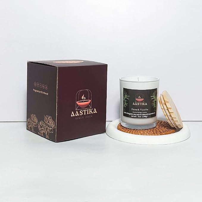 Aastika - French Vanilla 100% Organic Soy Wax Candle – Scented, Aromatherapy Jar Candle, 5 oz