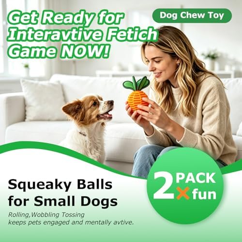 2 Pack Small Dog Chew Balls, 2.2 Inch Squeaky Treat Dispensing Toy, Interactive Puppy Ball Toy for Anxiety Relief & Boredom Reduction, Durable Pet Chew Toy for Fetching, Tugging and Dental Cleaning