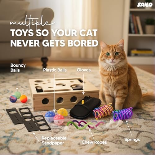 SAILO Cat Nail File Scratcher and Claw Saver Box with Multiple Toys & Grooming Gloves | Interactive Toy for Indoor Cats | Treat Puzzle Enrichment Kit | Perfect Gifting Set for Cat Lovers