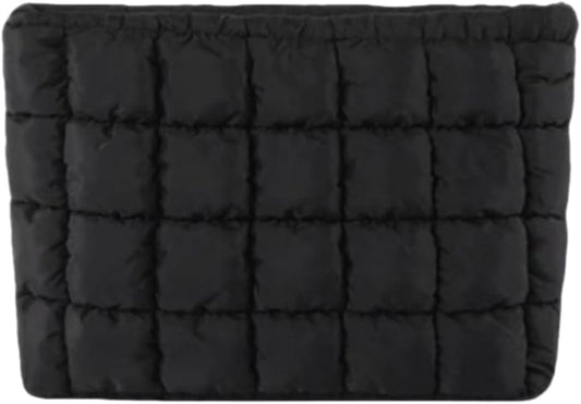 Soft Checkered Quilted Puffy Makeup Bag for Women, Aesthetic Puffer Cosmetic Bag Pouch for Purse (Black)
