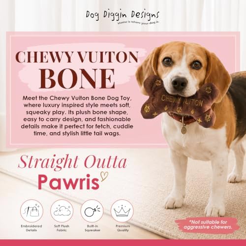 Dog Diggin Designs Chewy Vuiton Plush Dog Toy Bone | Luxury-Inspired Parody Designer Bone with Squeaker, Soft Plush Chew & Play Dog Toy – Prêt-à-Porter Play!