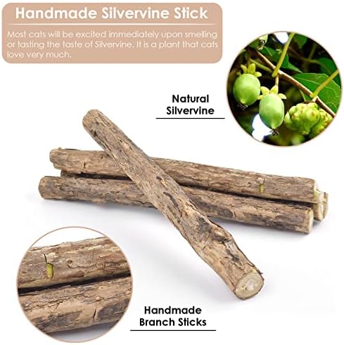 Bissap 10 PCS Silvervine Chew Sticks for Cats, Catnip Chew Sticks Cat Toys for Indoor Cat Kitten Teeth Grinding Interactive Feather Toys for Aggressive Chewers Dental Care