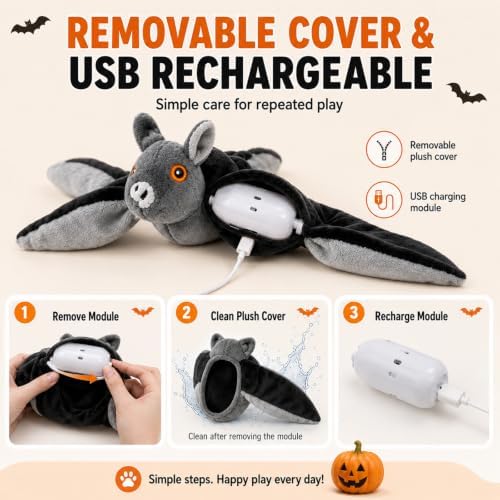 Bat Dog Toy, Interactive Flapping Wings and Chirping Sounds, Rechargeable Hanging and Ground Chase Toy for Small Dogs and Cats