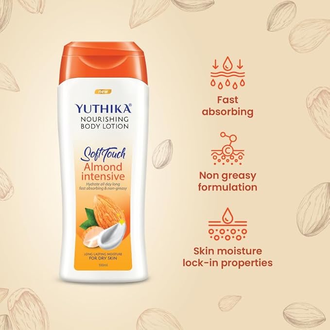 Yuthika Almond Soft Touch Body Lotion for Women & Men, Hydrating, Non-Greasy Moisturizer for Soft, Smooth Skin, All Skin Types (100ml)