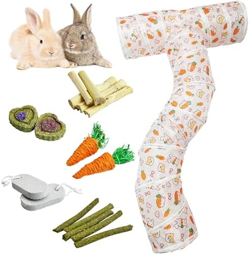 PINVNBY Large Rabbit Tunnel，Collapsible Rabbit Tunnels for Indoor Bunnies Bunny Hideout with 5 Types of Chewing Toys for Ferret Kitten Small Animals (T Shape)