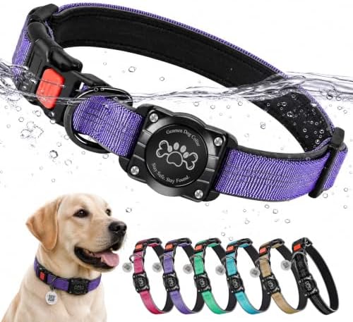 Geamen Dog Collar for Airtag Waterproof QR Code Reflective Collar(Purple,M | Built-in Waterproof Holder, QR Code Tag, Reflective,Secure Buckle