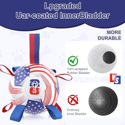 Dog Soccer Ball with Straps, 6 Inch Herding Dog Ball Toys World Cuo Dog Toy, Balls for 20-40lbs Dogs, Outdoor Puppy Toys to Keep Them Busy, Interactive Toy for Tug, Pool Water Toy Ball