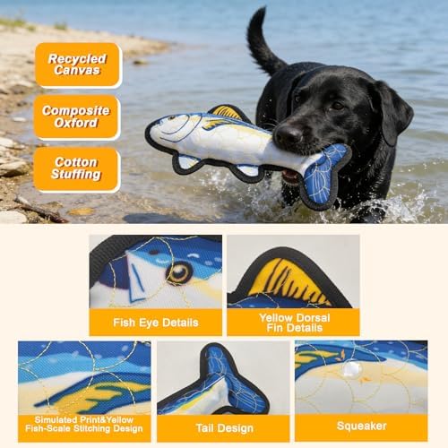 12.8" Recycled Canvas Tuna Squeaky Dog Toy, Durable Stuffed Fish Chew Toy for Puppy Teething, Interactive Play for Small Medium Large Dogs, Blue