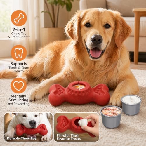 Dog Enrichment Toys - Freezable Treat Dispensing Bone Toy with 2 Lidded Treat Cups and Stuffable Side Grooves, Interactive Dog Busy Toy for Medium Large Dogs