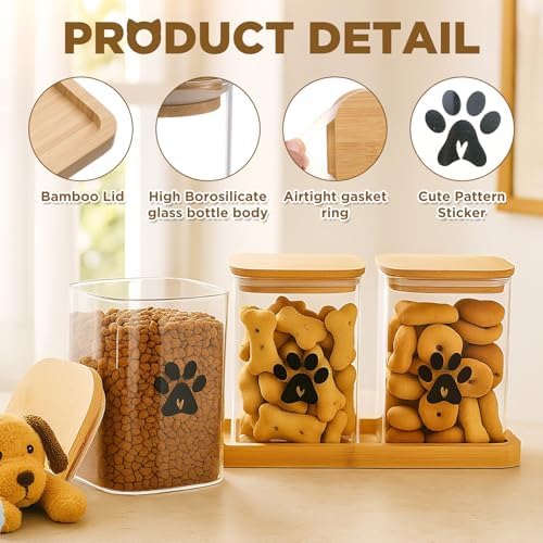 3 Pack Airtight Dog Treat Containers with Bamboo Lids, 37 oz Pet Treat Jars