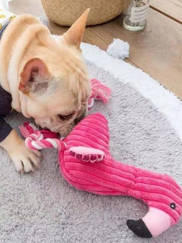 Plush Flamingo Dog Toy with Squeaker and Rope Legs, Corduroy
