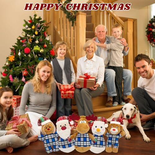 Christmas Dog Toys 5 Pack Blue Plush Squeaky Set with Santa Snowman Reindeer Bear Gingerbread Man for Small Large Medium Dogs for Gentle Play Easy Clean Not for Aggressive Chewers
