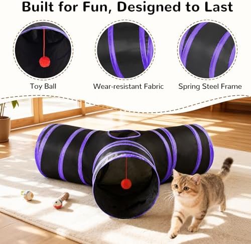Tempcore Cat Tunnel, 3-Way Collapsible Toy for Indoor Cats, Black & Purple