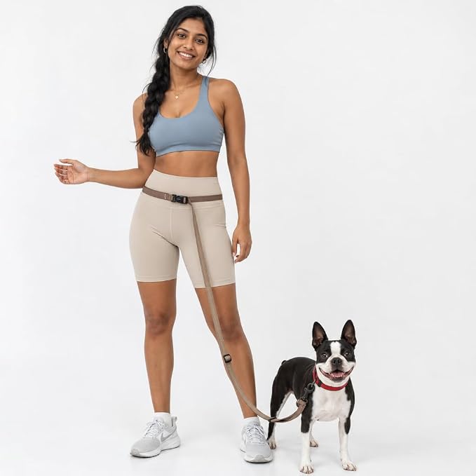 Kazazoo Hands-Free Adjustable Length 5-8 Ft Dog Leash, Crossbody & Waist for Dog Walking, Running for Dogs with Reflective Strips, Ballistic Nylon, Waist Belt Adjustable, Lightweight Brown M