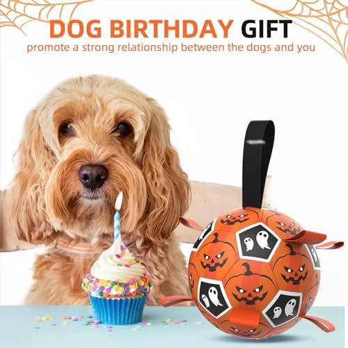 Diman Halloween Dog Toys, 7 Inch Dog Balls, Dog Soccer Ball with Straps