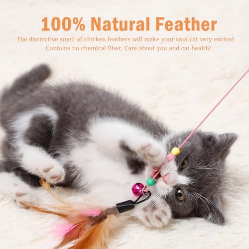 6 Pack Cat Feather Toy, Cat Toys Wand, Interactive Pet Cat Kitten Chaser Teaser Wire Wand with Bell Beads for Cat Exercise Play Fun Gifts - Wholesale