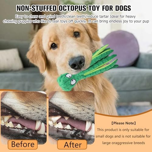 Dog Squeaky Toys Octopus, No Stuffing Plush Toys, Squeaky Octopus Dog Toy - Durable Plush for Puppies, Interactive Dogs Toys for Aggressive Chewers (Green+Orange)