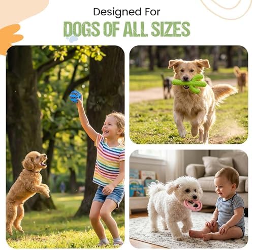 3-Piece Dog Chew Toy Set - Durable Rubber Cactus, Dental Ring, and Treat Leakage Ball - Tough Interactive Molar Toys for Puppy & Medium Dogs - Multi-Color