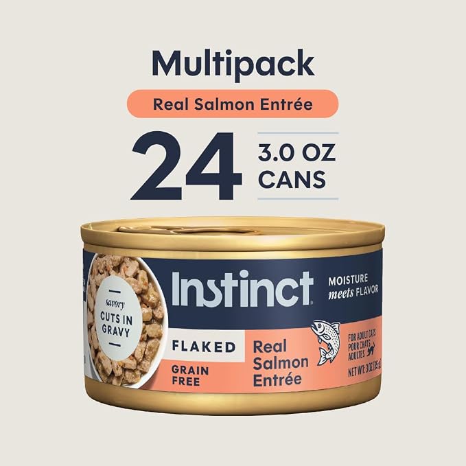 Instinct Flaked Entrees, Wet Canned Cat Food, Salmon, 3 oz. (24 Count) | Tender flaked cuts in savory gravy, high protein, real salmon, whole-food ingredients, grain-free, hydration support