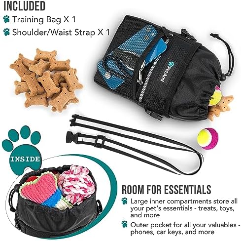 PetAmi Dog Treat Pouch, Pet Treat Pouch for Training, Dog Walking Bag Holder for Kibbles, Pet Food Toy, Dog Trainer Essentials Supplies, Poop Bag Dispenser, 3 Ways to Wear (Black)