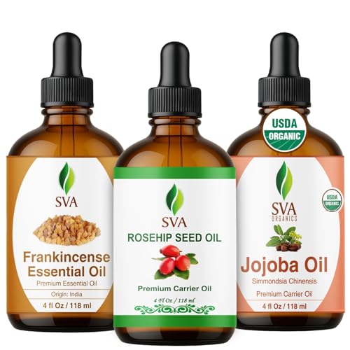 SVA Rosehip, Frankincense Serrata, and Jojoba Oil 4 oz Bundle Super Saver Combo – Value Set for Hair Oiling, Scalp Massage, Hair Care, Skin Care and Body Massage