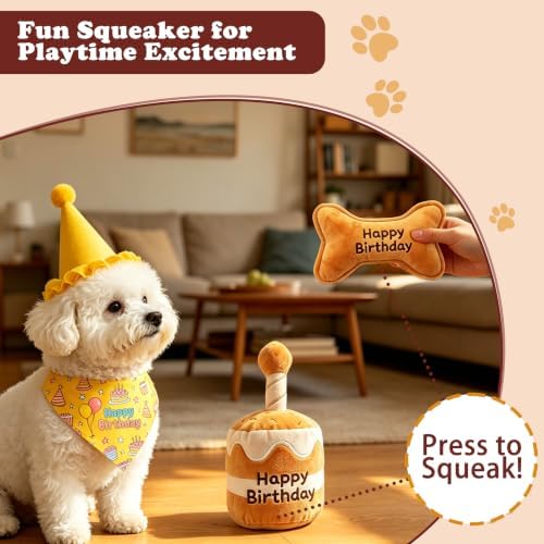 Xymoso Dog Birthday Gift Set,4 Pack Dog Birthday Interactive Squeak Toys Puppy Bandana Hat with Numbers Party Supplies for Small Medium Dogs
