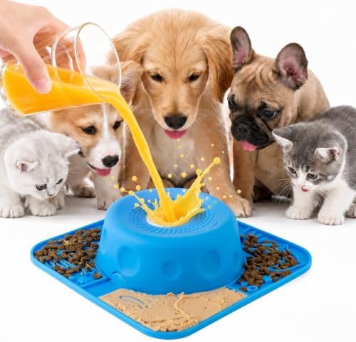 Slow Feeder Dog Bowl and Lick Mat with Rolling Ball Blue