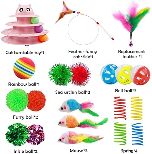 UPSKY 20 PCS Cat Toys Set with Teaser, Mice, Spring, and Various Ball Toys | Puzzle Kitten Toys, Sturdy Structure, Detachable Design, Easy to Assemble, Anti-Slip, Reduces Boredom for Indoor Cats