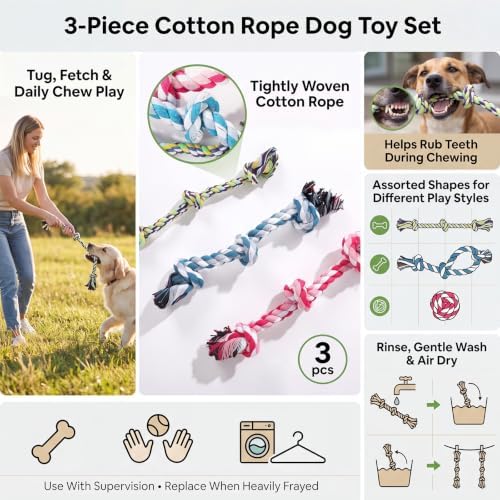 ondware Dog Rope Toys 3 Pack, Cotton Chew Tug Toys for All Dogs