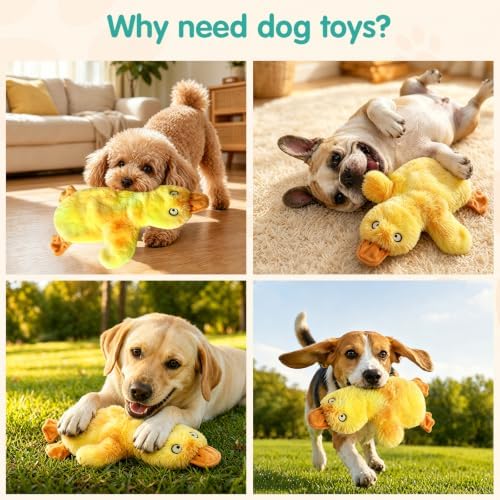 Fuufome No Stuffing Duck Squeaky Dog Toy, Crinkle Plush Chew Toy for Puppy