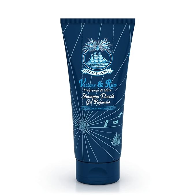 Helan Vetiver & Rum - Mens Body Wash & Shampoo for Sensitive Skin, Gentle and Natural Shower Gel for Body and Hair with Sweet Almond Proteins, Scented and Ideal for Frequent Use Made in Italy 200fl oz