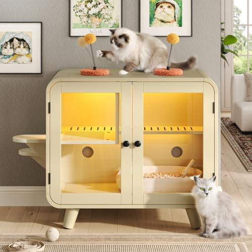 Smart Cat Litter Box Enclosure with RGB LED Light，TV-Style Cat Cabinet with Transparent Doors,Side Steps,Pom-Pom Toys,Indoor Pet House for Living Room,Bedroom(30.7"*23.6"*28",Beige)