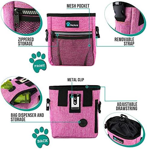 PetAmi Dog Treat Pouch, Pet Treat Pouch for Training, Dog Walking Bag Holder for Kibbles, Pet Food Toy, Dog Trainer Essentials Supplies, Poop Bag Dispenser, 3 Ways to Wear (Pink)
