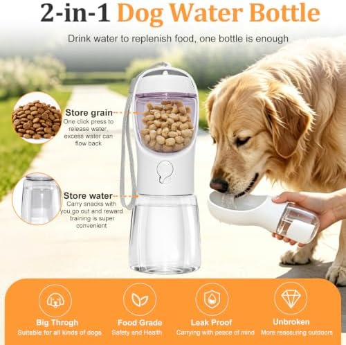 Portable Dog Water Bottle with Food Container, White, 12oz