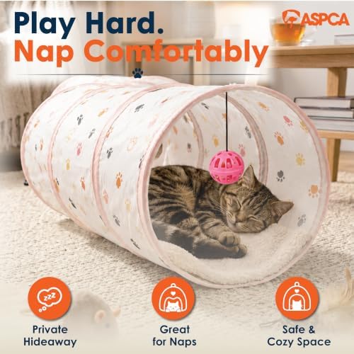 ASPCA Cat Tunnel with Rattle Toy – Interactive Collapsible Cat Tunnel for Indoor Cats, Crinkle Play Tunnel with Hanging Rattle Toy, Encourages Hiding, Chasing, Pouncing & Active Play, Paw Printed
