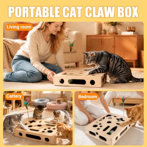 Large Cat Nail File Box, Sturdy Wood Cat Scratch Puzzle Box with Sandpaper