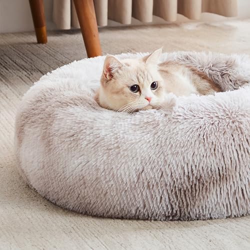 Western Home Calming Donut Cat Bed Small Dog Bed Washable,20" White Grey | Fluffy Faux Fur Round Cuddler,Anti-Anxiety,Anti-Slip Bottom,Self-Warming Pet Bed for Small Dog&Kitten&Puppy,Up to 12 LBS