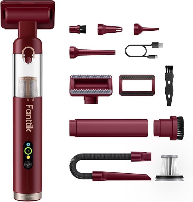 Fanttik Slim V10 APEX Cordless Car Vacuum, 4-in-1 Portable Mini Handheld Vac, Upgraded Smart Digital Display, 19kPa Suction Power, 2 Suction Modes for Small Jobs, Car, Office Desk, Keyboards (Red)