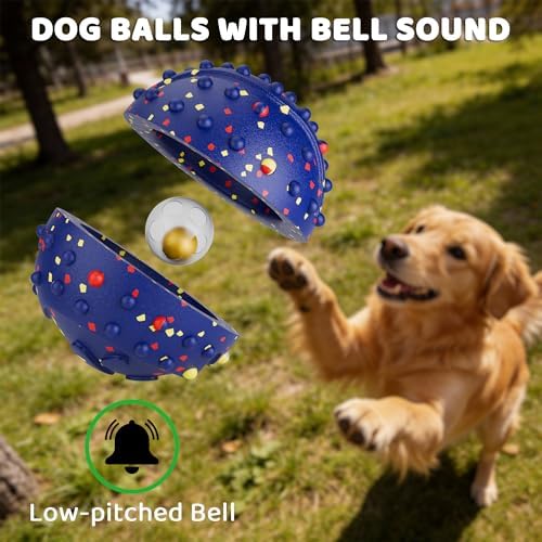 Dog Balls with Bell, Indestructible Dog Toy Ball for Aggressive Chewers, Durable High Elasticity Interactive Ball for Training Dog Catch and Fetch, Large Medium Small Dog (3in, Blue)
