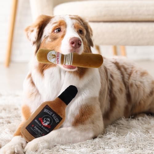 Linzy 2-Pack Whisky/Cigar Plush Dog Toy, Soft Squeaky Chew Toy for Small Medium Large Dogs, White, Interactive Pet Toy, 7 Inch