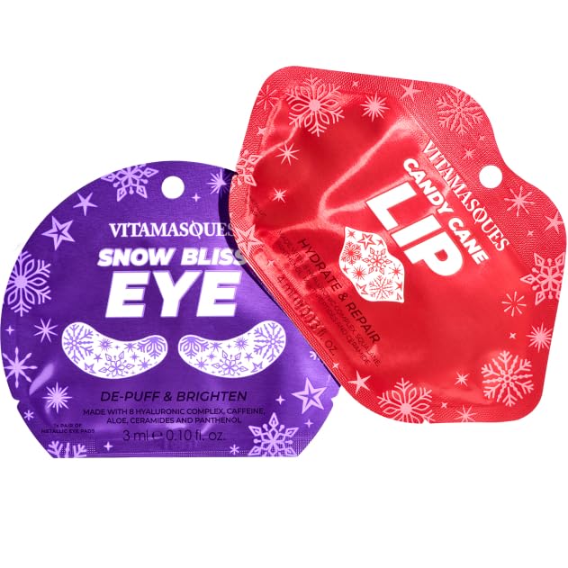 Snow Bliss Eye Patches & Lip Mask Set Korean Skin Care Beauty Gift Set With Undereye Patches For Dark Circles & Candy Cane Lip Patches, Perfect Stocking Stuffers & Spa Gifts For Women,1 Pair each