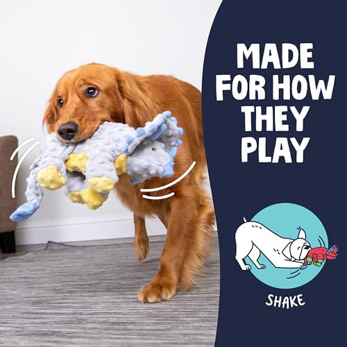 goDog Dinos Frills Squeaky Plush Dog Toy with Chew Guard Technology, Durable Fabric & Squeaker for Active Play, Gray, Large