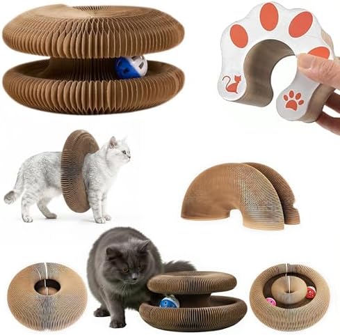 Kitty Curls Cat Toy | Magic Organ Accordion Cardboard Cat Scratcher for Indoor Cats | Foldable Circle Cat Toy with Bell Ball | Interactive Collapsible Cat Dancer Toy | Scratching Pad (Paw Face)