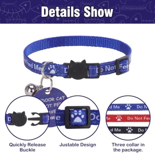 KOOLTAIL Cat Collar with Bell,3 Pack Do Not Feed Cat Collars with Warning Board Hanging Do Not Feed Me,Cute Lightweight Adjustable Breakaway Kitten Collar with Safety Buckle