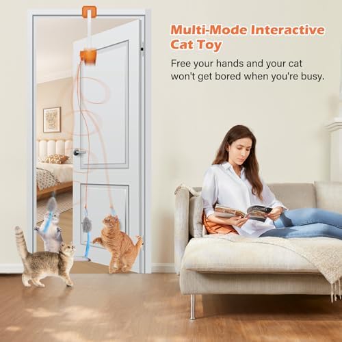 Interactive cat toy, Electric cat teaser, Door clip, 2 Motion modes,Orange | 360° Rotation • Random Jumping • Type-C Rechargeable • Door Clip Design • For Indoor Cats,Cat door toy