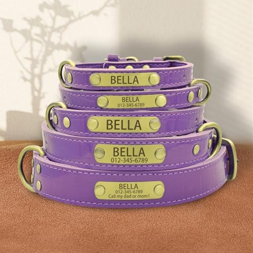 Personalized Genuine Leather Dog Collar with Engraved Name Plate - Durable and Stylish Custom Dog Collar for Small, Medium, and Large Dogs (XL,Light Purple)