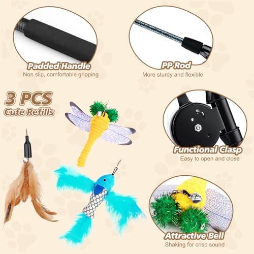 Pawaboo Cat Feather Toys, 4 Pack Interactive Cat Feather Teaser Wand Toys