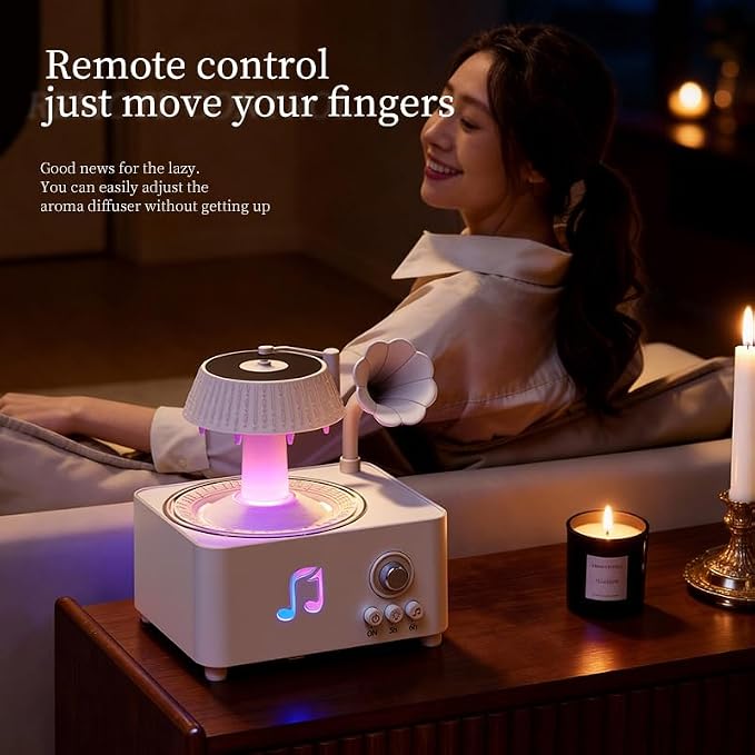 Vintage Record Player Essential Oil Diffuser 310mL Aromatherapy Diffuser with LED Light & Fragrance Diffusion, Quiet Humidifier for Home Bedroom Office Yoga, Retro Decor Air Freshener White